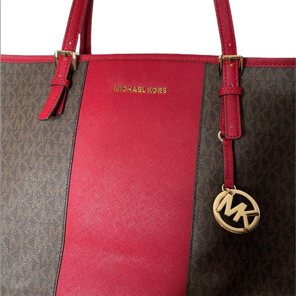 Michael Kors Jet Set Travel Medium Carryall Tote Brown MK Signature Scarlet Red - Picture 4 of 12